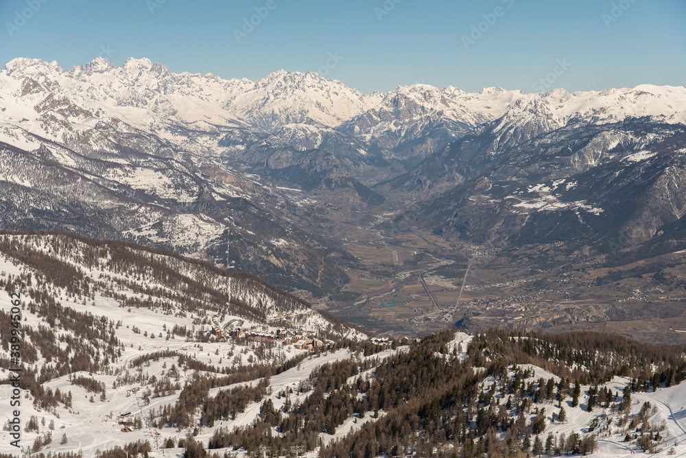 Risoul resort, French alps in winter, snowy mountains in France
