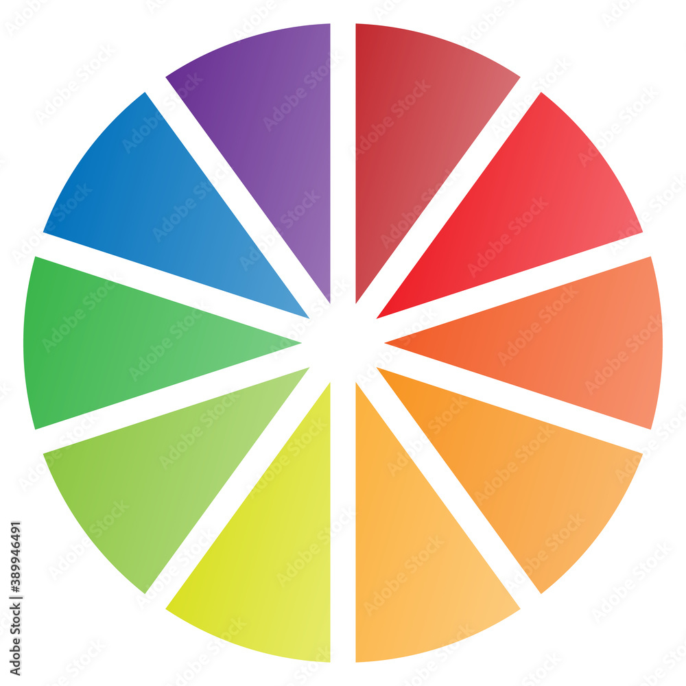 10 Piece Pie Chart in Red Blue Purple Yellow and Green Tones Isolated Vector Illustration