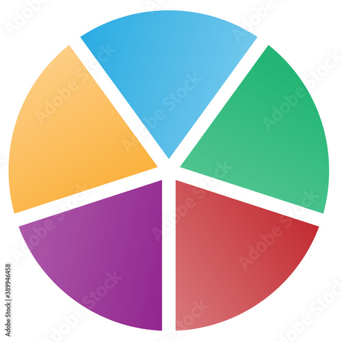 5 Piece Pie Chart in Blue Yellow Red Purple and Green Tones Isolated Vector Illustration