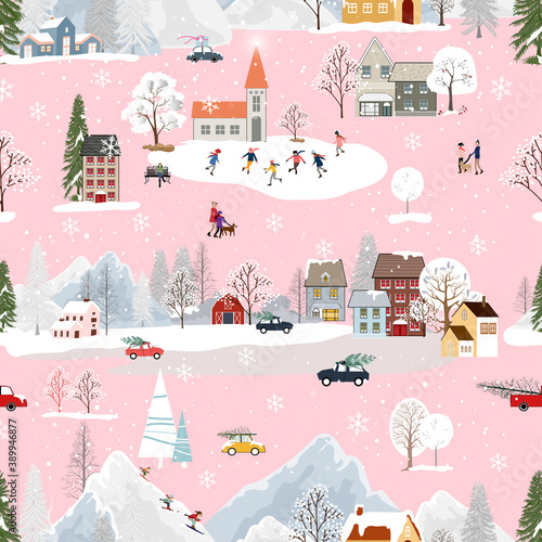 Seamless Christmas landscape in the town with fairy tale houses,snowflakes,Christmas trees with decorations,Vector pattern winter wonderland in the village with happy people playing ice skate