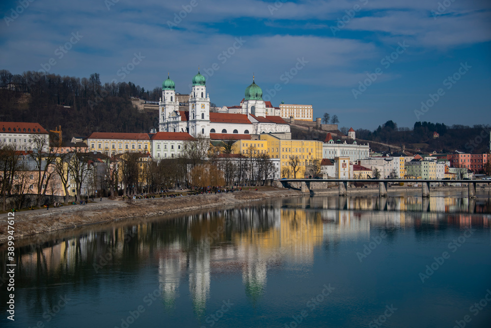 cathedral in the city of Passau and reflected in the river