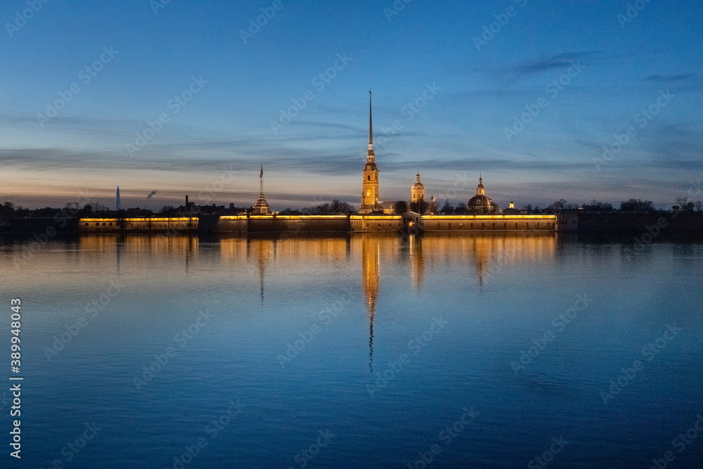 View of the Peter and Paul Fortress after sunset. White nights in St. Petersburg.