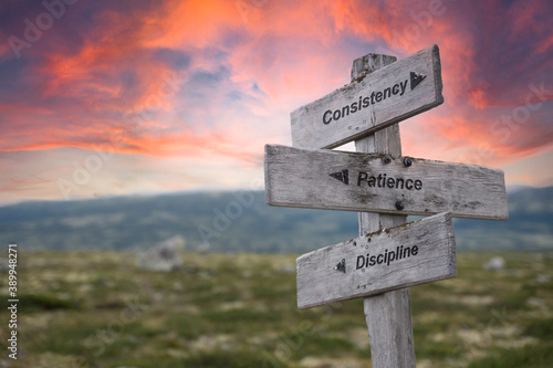 consistency patience discipline text engraved in wooden signpost outdoors in nature during sunset and pink skies. photo