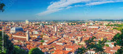 Foto Aerial panoramic view of old historical city centre of Brescia city with churches, towers and medieval buildings with red tiled roofs, Lombardy, Northern Italy