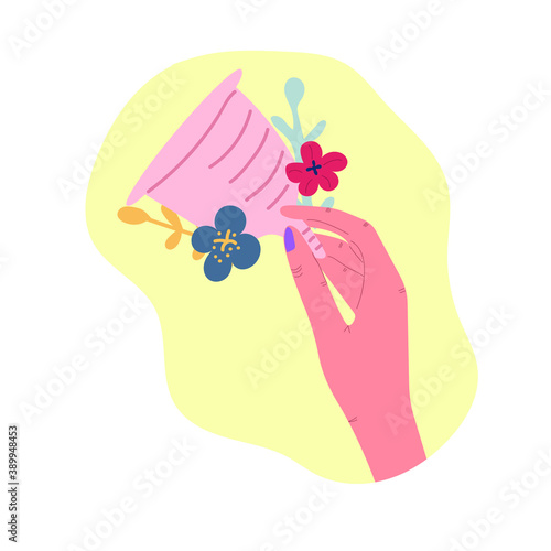 Hand holding menstrual cup. Flat illustration. Period, zero waste concept.