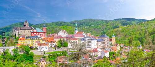 Fotografia, Obraz Aerial panoramic view of medieval Loket town with Loket Castle Hrad Loket gothic style on massive rock, colorful buildings