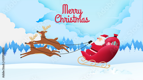 Santa claus on the sleigh with beautiful sky in paper art and pastel schenme