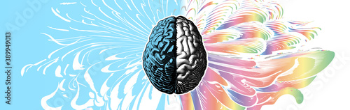 Engraving brain illustration with left and right cerebral hemispheres concept