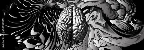 Engraving brain illustration with left and right cerebral hemispheres concept