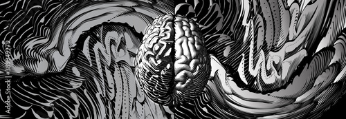 Engraving brain illustration with left and right cerebral hemispheres concept