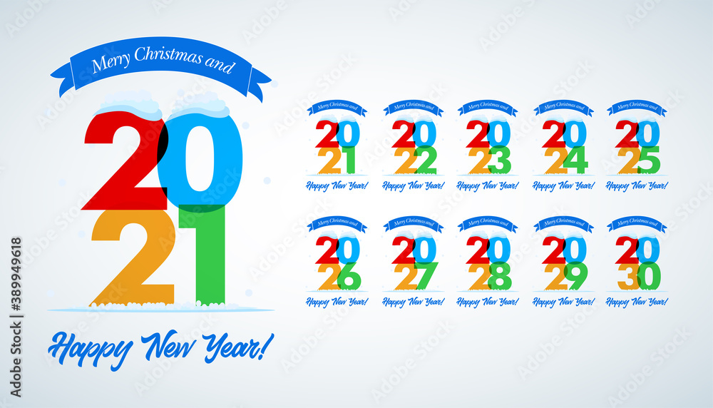 Big collection of 2021 - 2030 years. Happy New Year signs. Set of 2021-2030 Happy New Year symbols. Greeting card artwork, brochure template. Vector illustration with holiday labels Big collection of 2021 - 2030 years. Happy New Year signs. Set of 2021-2030 Happy New Year symbols. Greeting card artwork, brochure template. Vector illustration with holiday labels