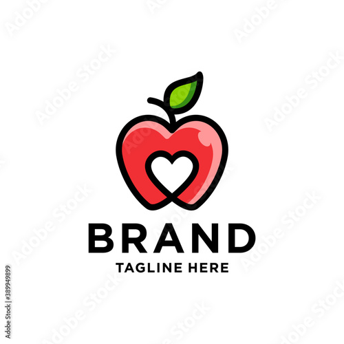 apple logo with love Heart Inside and leaf icon Design Symbol Illustration in trendy colorful linear line style