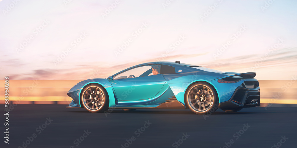 3D rendering of a brand-less concept car in motion - the driver is a generic a 3D model