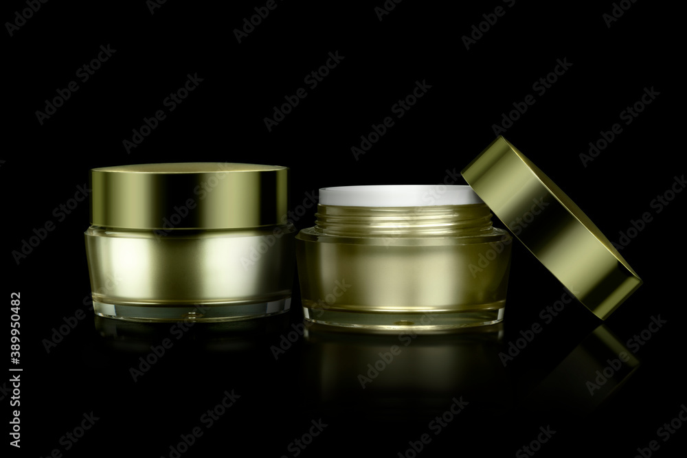 Mockup two empty luxury golden cream jar for skincare and beauty skin, isolated on black background. Mockup two empty luxury golden cream jar for skincare and beauty skin, isolated on black background.