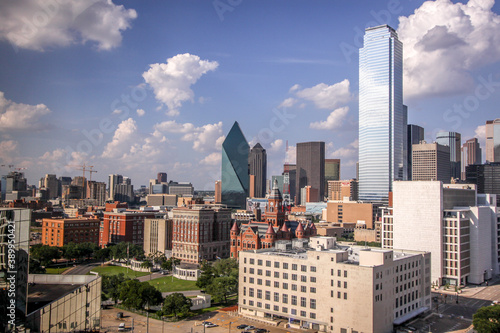 Wide elevated view of Dallas, Texas city skyline and Dealey Plaza. photo
