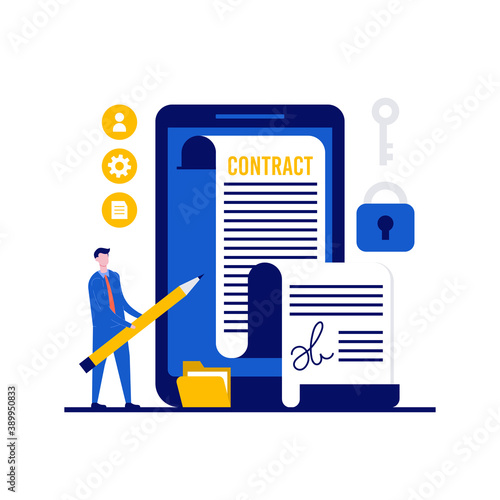 Electronic contract or online contract concept with character. E-contract document sign via smartphone. Modern flat style for landing page, mobile app, poster, web banner, infographics, hero images
