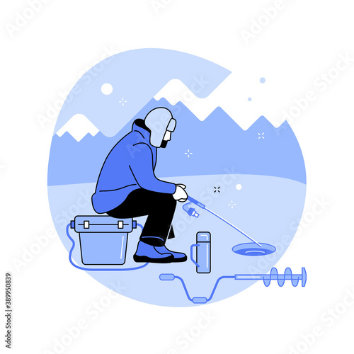 Ice fishing abstract concept vector illustration. Winter outdoor activities, ice fishing tools, equipment shop online, fisherman advice, catching, frozen lake, travel and hobby abstract metaphor.
