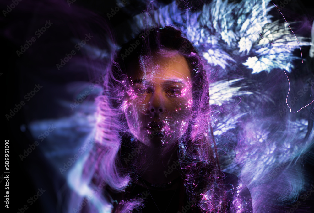 light painting portrait, new art direction, long exposure photo without processing, light drawing at long exposure