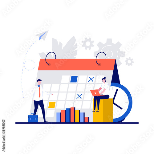 Week schedule, daily plan, work organizer concepts with character. People stand near calendar, clock, graphs. Modern flat style for landing page, mobile app, web banner, infographics, hero images