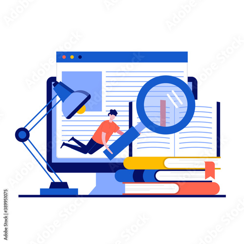 Media book library concept with character. People reading an e-book to study on e-library at school. E-learning online archive. Modern flat style for landing page, mobile app, hero images