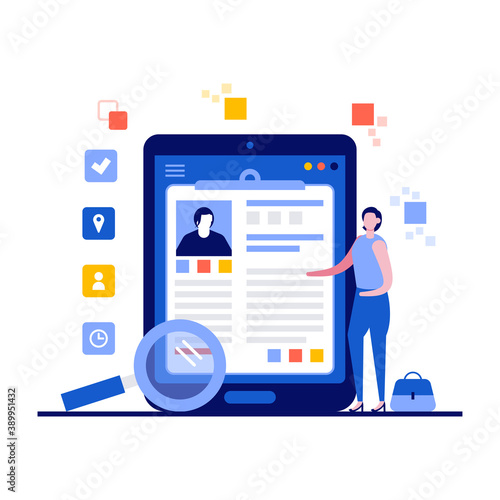 Resume resources concept with character. Human resources, hr job presentation for occupation choose. Employer, customer, boss recruit. Modern flat style for landing page, infographics, hero images