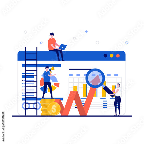 Financial analysis concept with character. People standing near website with magnifying. Data analysis, business statistic, management, consulting, marketing. Modern flat style for hero images
