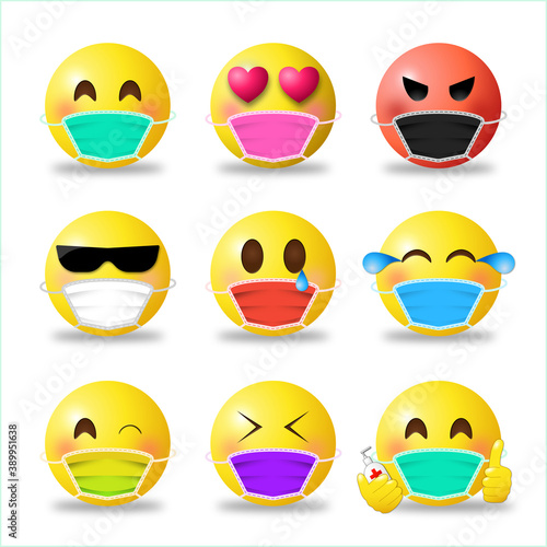 Corona virus face mask emoji set, vector isolated illustration