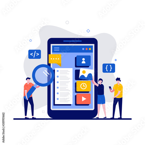 UX / UI design concept with character. Programmer creates a custom design for a mobile application. Modern flat style for landing page, mobile app, poster, web banner, infographics, hero images