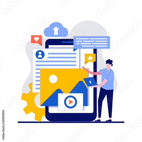 Digital media data concept with character. People working with multimedia files database, upload and play music or video film. Modern flat style for landing page, infographics, hero images