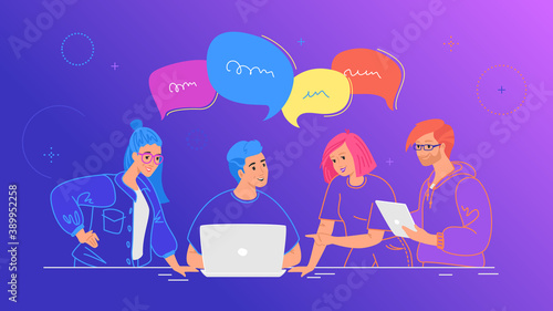 Four guys working as team and talking with speech bubbles. Flat line vector illustration of people with laptop and digital tablet discussing the project at work desk. Teamwork on gradient background