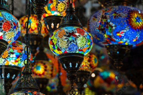 Colorful turkish mosaic glass lamps for sale at the street market , Turkey