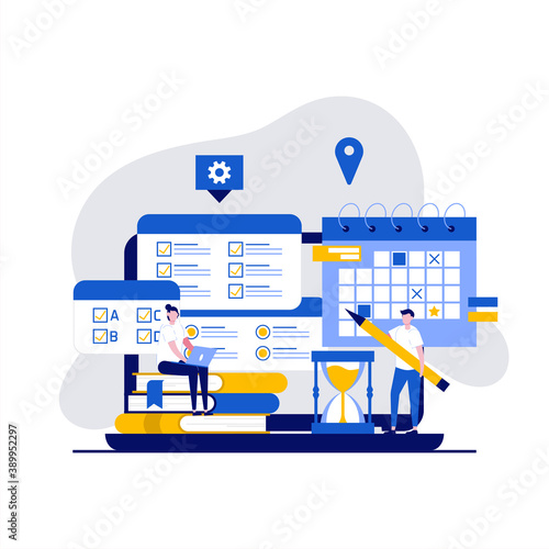Online exam test concept with character. People using computer app for online testing form survey or checklist. Modern flat style for landing page, mobile app, web banner, infographics, hero images
