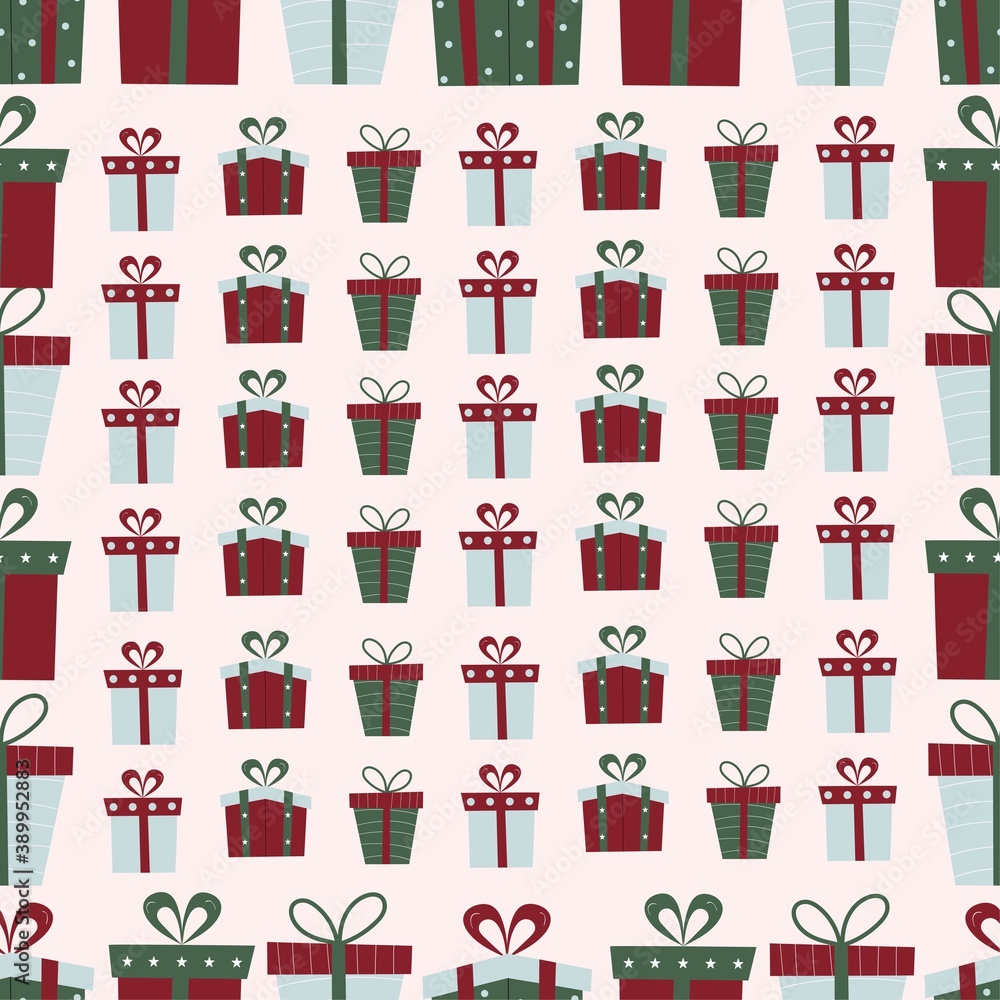 Obraz premium Seamless Christmas pattern. Holiday gift boxes with a pattern, ribbons