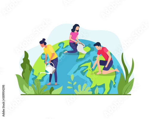 Vector illustration of Save the planet earth. The concept of the Earth day vector, Environmental protection. Group of people or ecologists taking care of Earth and saving planet. Vector in flat style