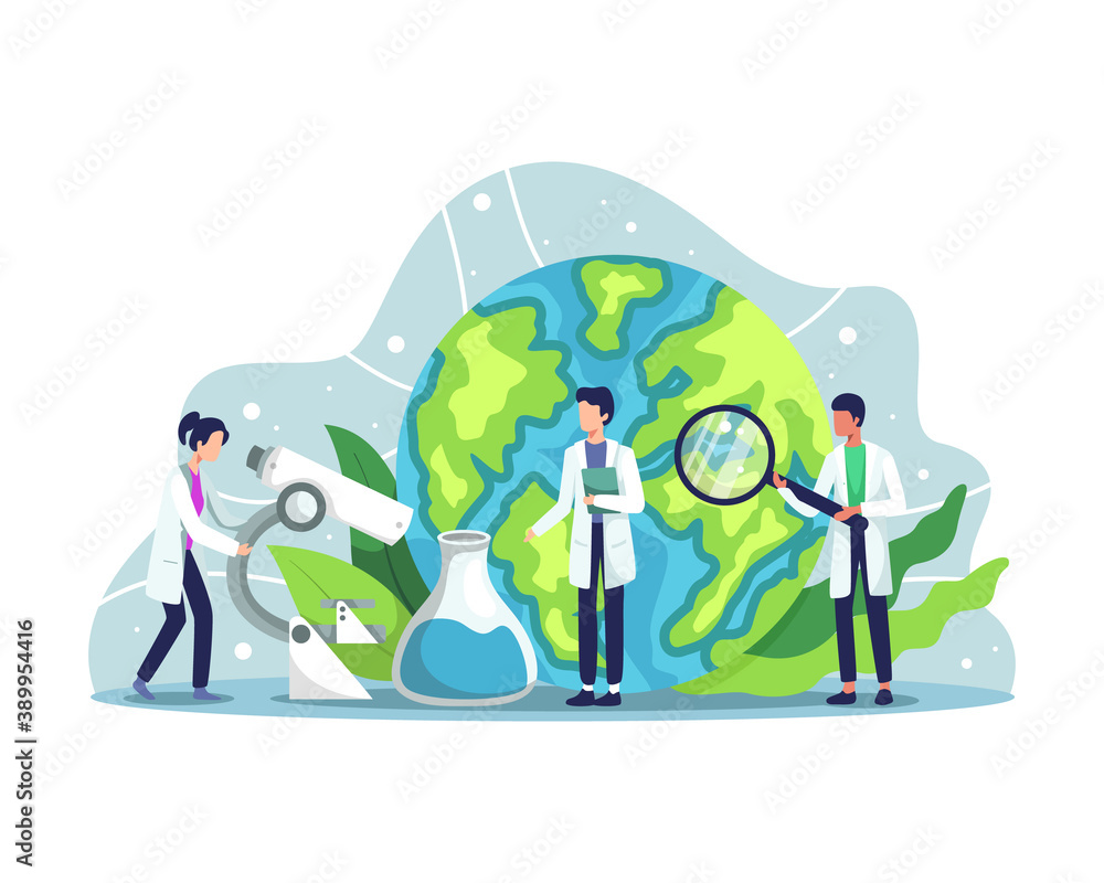 Ecologist taking care of Earth and nature. Scientist taking care of nature and study ecological environment. Ecological activist, Air, Soil and Water protection. Vector illustration in a flat style