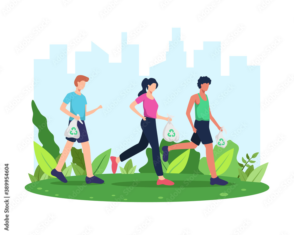Fototapeta premium Vector illustration Plogging. Run and clean, Plogging movement or marathon. Man and woman picking up litter during plogging in park or outdoor. Collect garbage while running. Vector in flat style