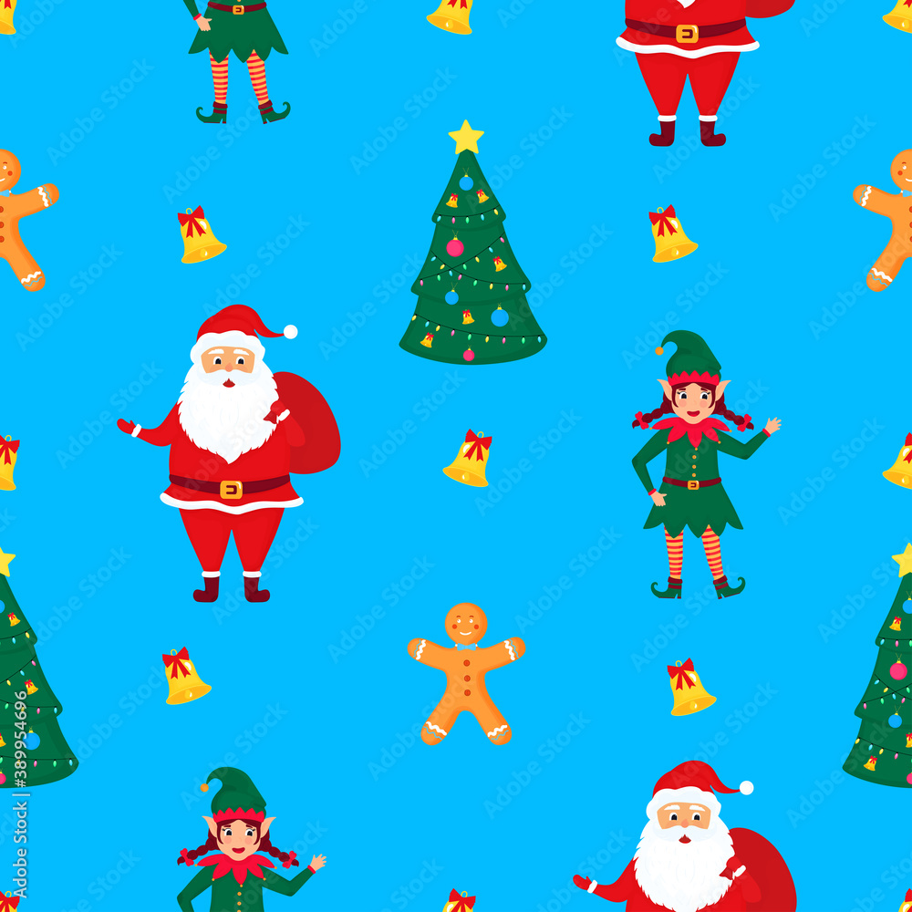 Santa Claus with a bag of gifts, elf and gingerbread man. Christmas and New Year's seamless pattern Santa Claus with a bag of gifts, elf and gingerbread man. Christmas and New Year's seamless pattern