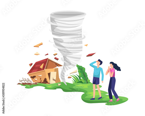 Destructive tornado illustration. Twisting tornado destroying house, The people were afraid and saved themselves. Hurricane storm in countryside is breaking trees and building. Vector in flat style