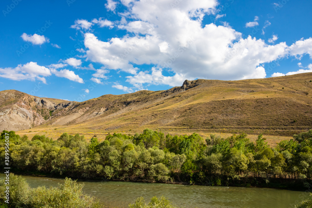 Landscape of the river and hills with cloudy sky. Trees near the river bed. River in the steppe. Landscape of the river and hills with cloudy sky. Trees near the river bed. River in the steppe.