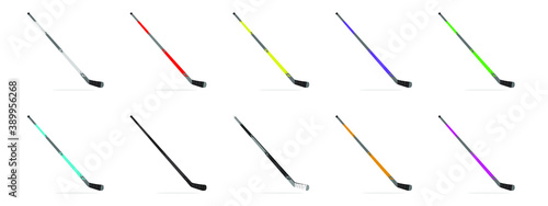 A set of hockey sticks in different colors. Vector illustration. Isolated objects on a white background.