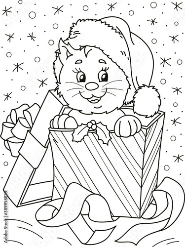 Coloring page outline of cartoon smiling cute cat with Christmas gift. Colorful vector illustration, winters coloring book for kids.