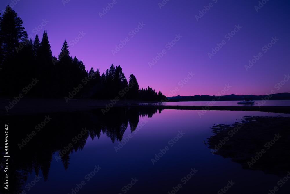Purple sunset over lake