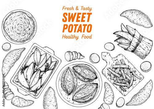Sweet potato sketch illustration. Batatas hand drawn vector illustration. Farm market food. Raw and cooked sweet potatoes hand drawn. Packaging design.