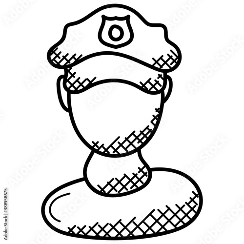 
This police officer with hat, which features a gold badge or shield in the middle
