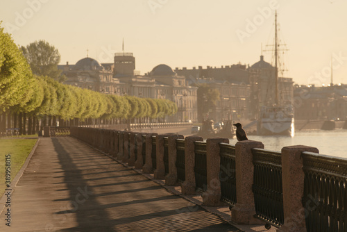 ST. PETERSBURG, RUSSIA - 27 MAY 2020: Empty city at dawn. Vasilievsky Island. lieutenant Schmidt embankment. photo