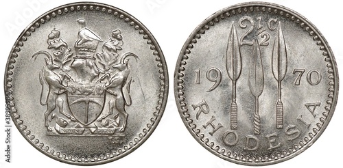 Photography Rhodesia Rhodesian coin 2 1/2 two and a half cent 1970, shield with supporters,