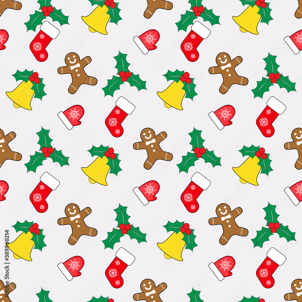 Naklejka premium Christmas attributes seamless pattern. Bell, holly, gingerbread, mitten, sock. Festive design template for wrapping paper.