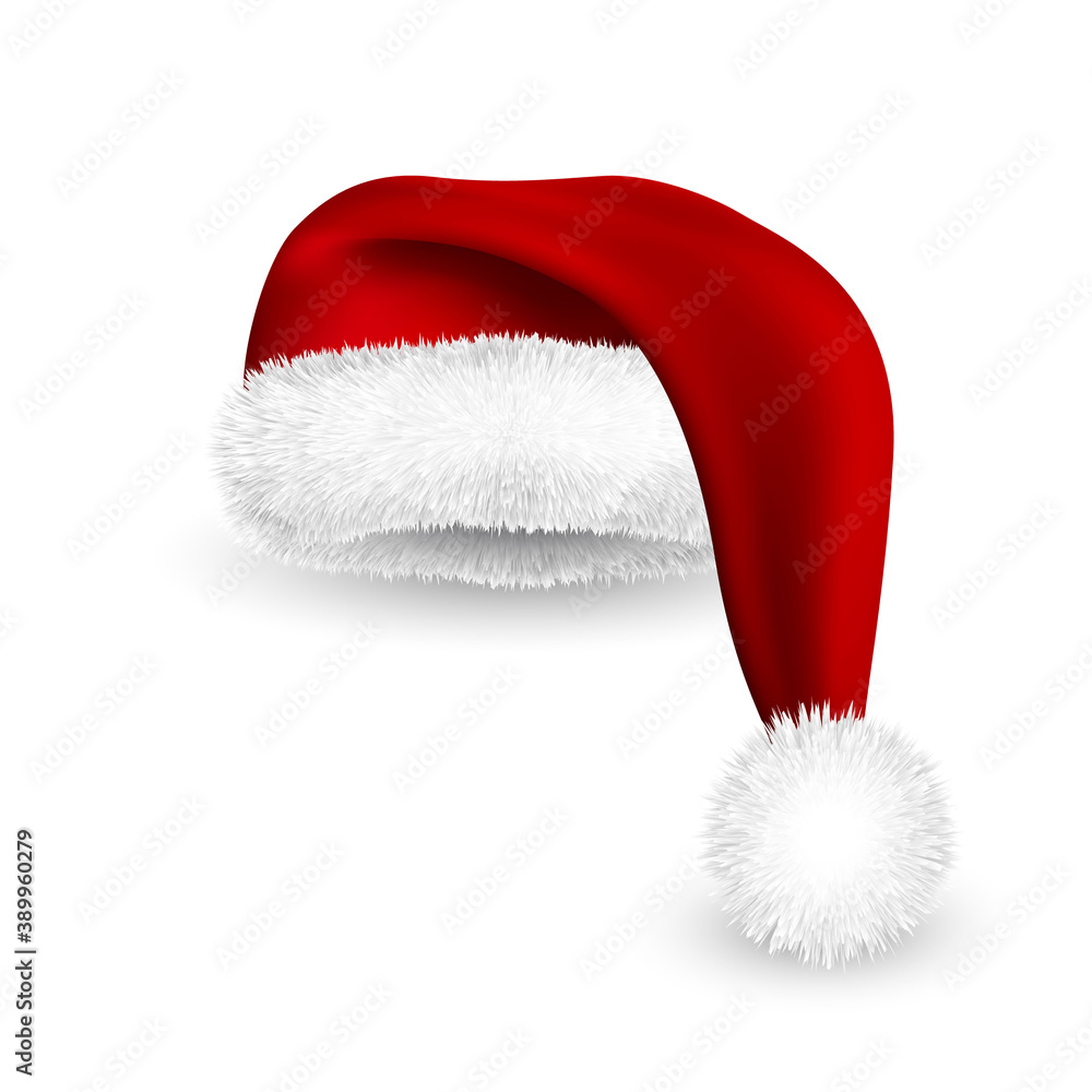 Realistic Red Santa Claus hat isolated on white background. Gradient mesh Santa Claus cap with fur. Vector illustration Realistic Red Santa Claus hat isolated on white background. Gradient mesh Santa Claus cap with fur. Vector illustration