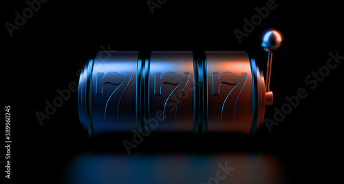 Gambling concept. Slot machine lucky seven 777. Play in the Vegas casino. Chance of good luck in gambling. 3d rendering.