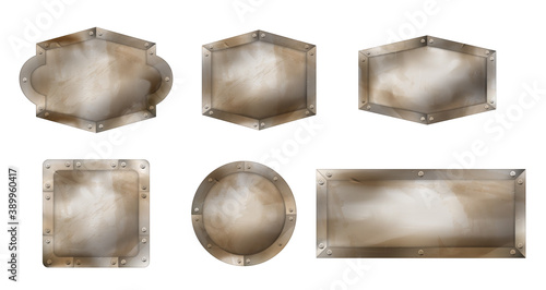 Old metal signs different shapes, rusty boards with steel frame and screws. Vector realistic set of blank iron signboards, advertising banners with rivets isolated on white background